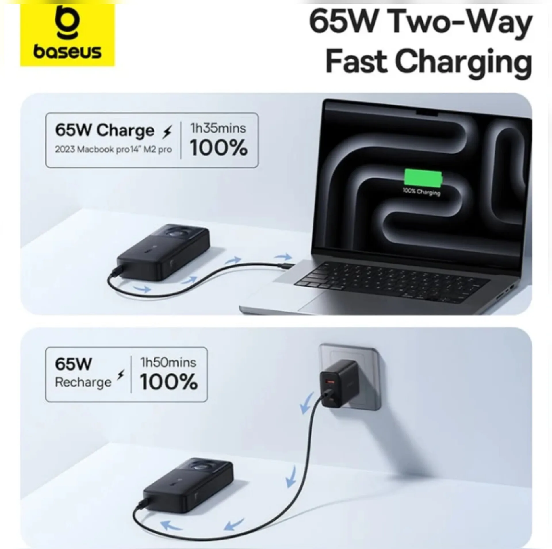 پاوربانک بیسوس مدل Free2Pull 65W ظرفیت 20000 میلی آمپر ساعت به همراه کابل USB-C