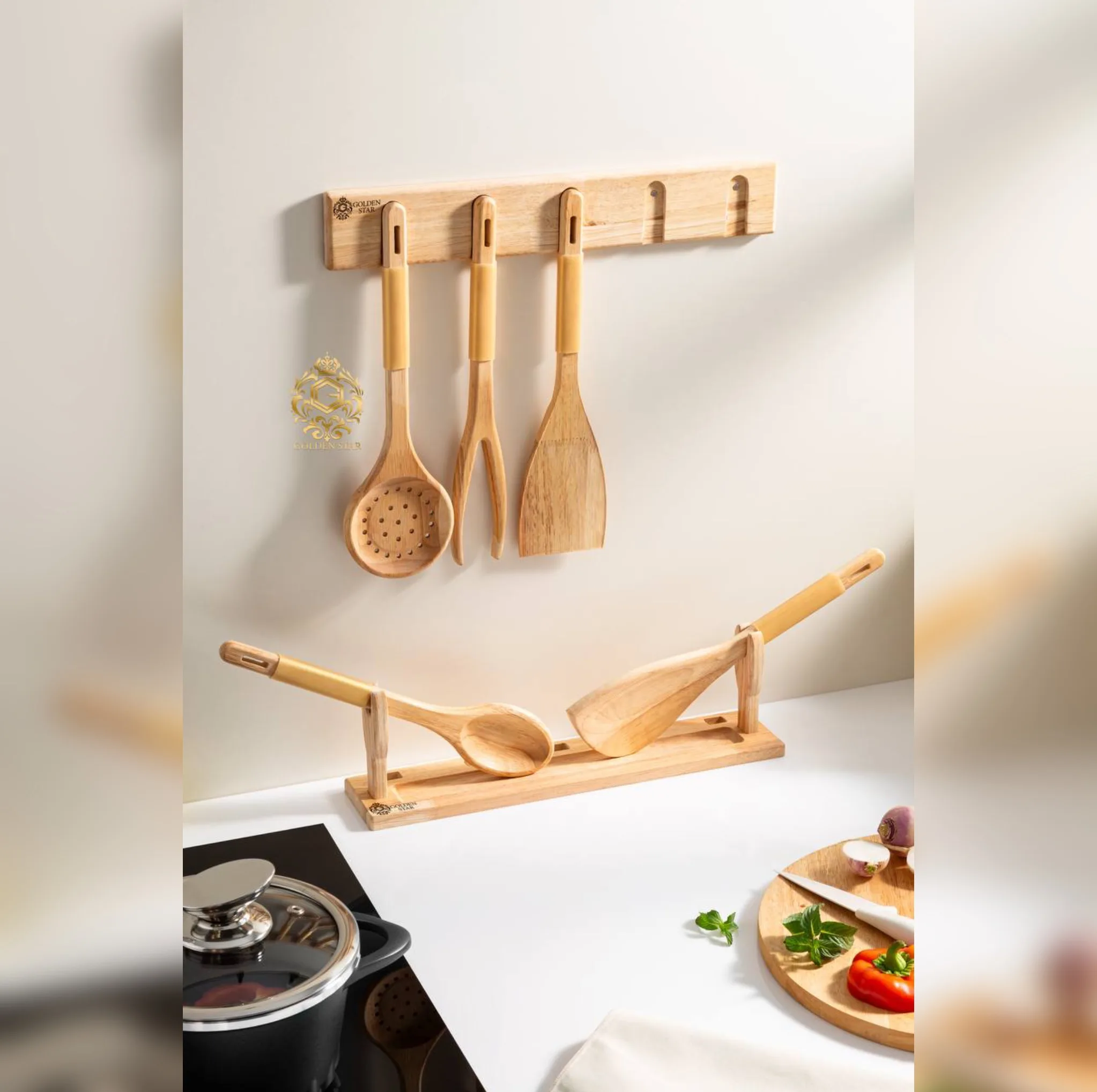 سرویس کفگیر و ملاقه چوبی 7 پارچه گلدن استار مدل مگنتی