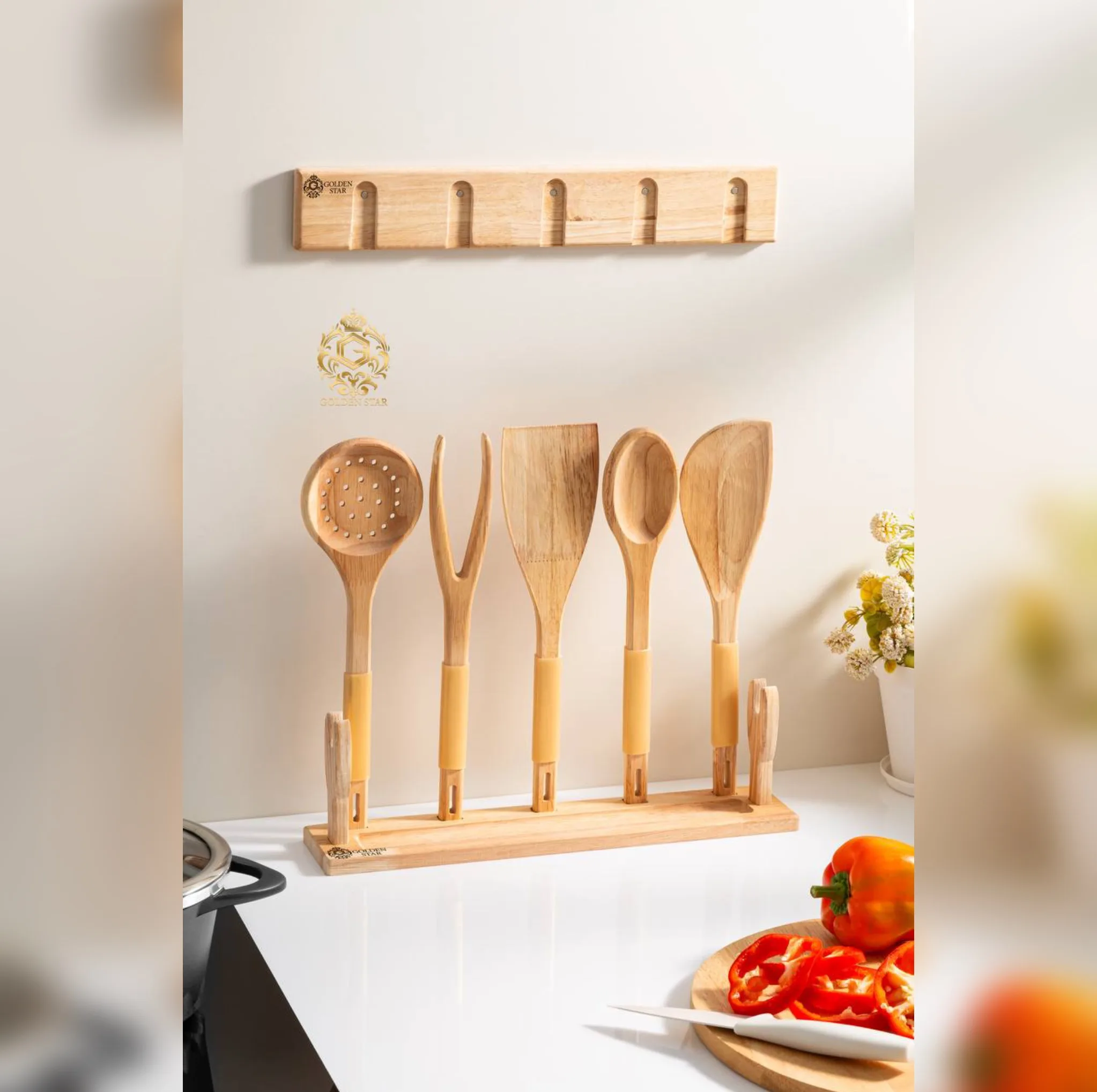 سرویس کفگیر و ملاقه چوبی 7 پارچه گلدن استار مدل مگنتی