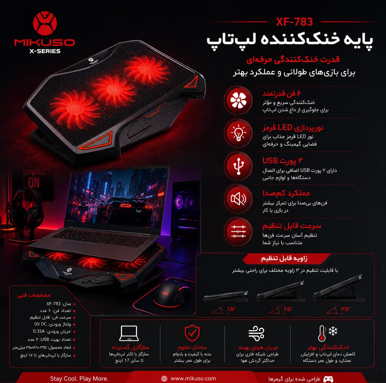 پایه خنککننده لپتاپ میکوسو مدل XF-783 دارای سه عدد فن مناسب برای لپ تاپهای 14.1 تا 15.6 اینچی