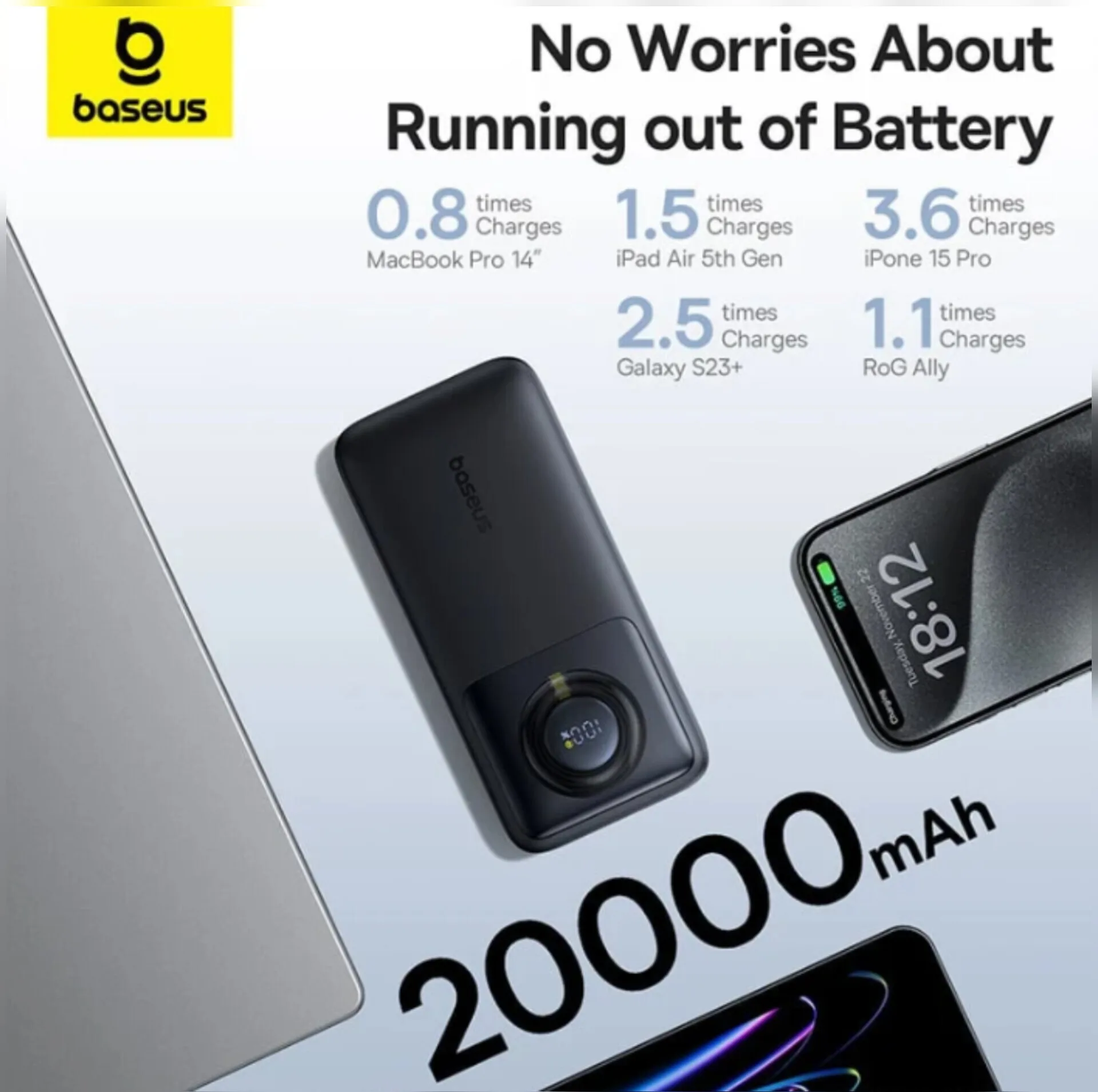 پاوربانک بیسوس مدل Free2Pull 65W ظرفیت 20000 میلی آمپر ساعت به همراه کابل USB-C