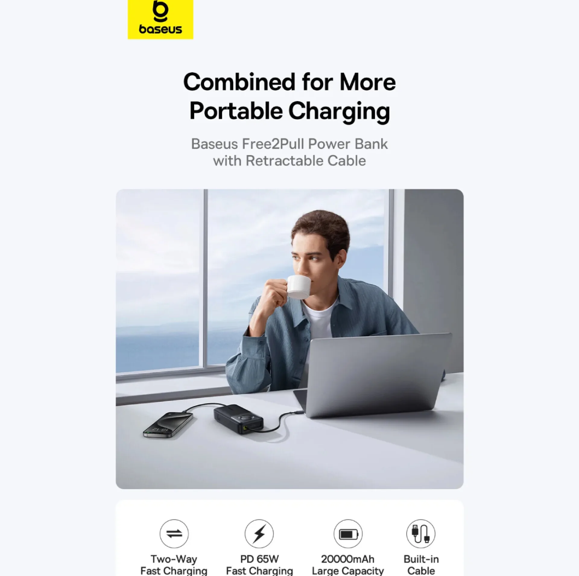 پاوربانک بیسوس مدل Free2Pull 65W ظرفیت 20000 میلی آمپر ساعت به همراه کابل USB-C