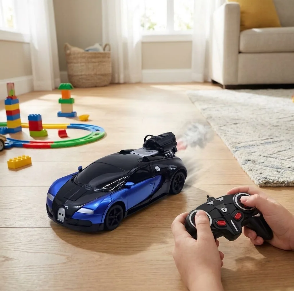 ماشین بازی کنترلی ناب سل مدل بوگاتی شارژی تبدیل شونده دودزا چراغدار Bugatti rechargeable remote control game machine with smoke and lights