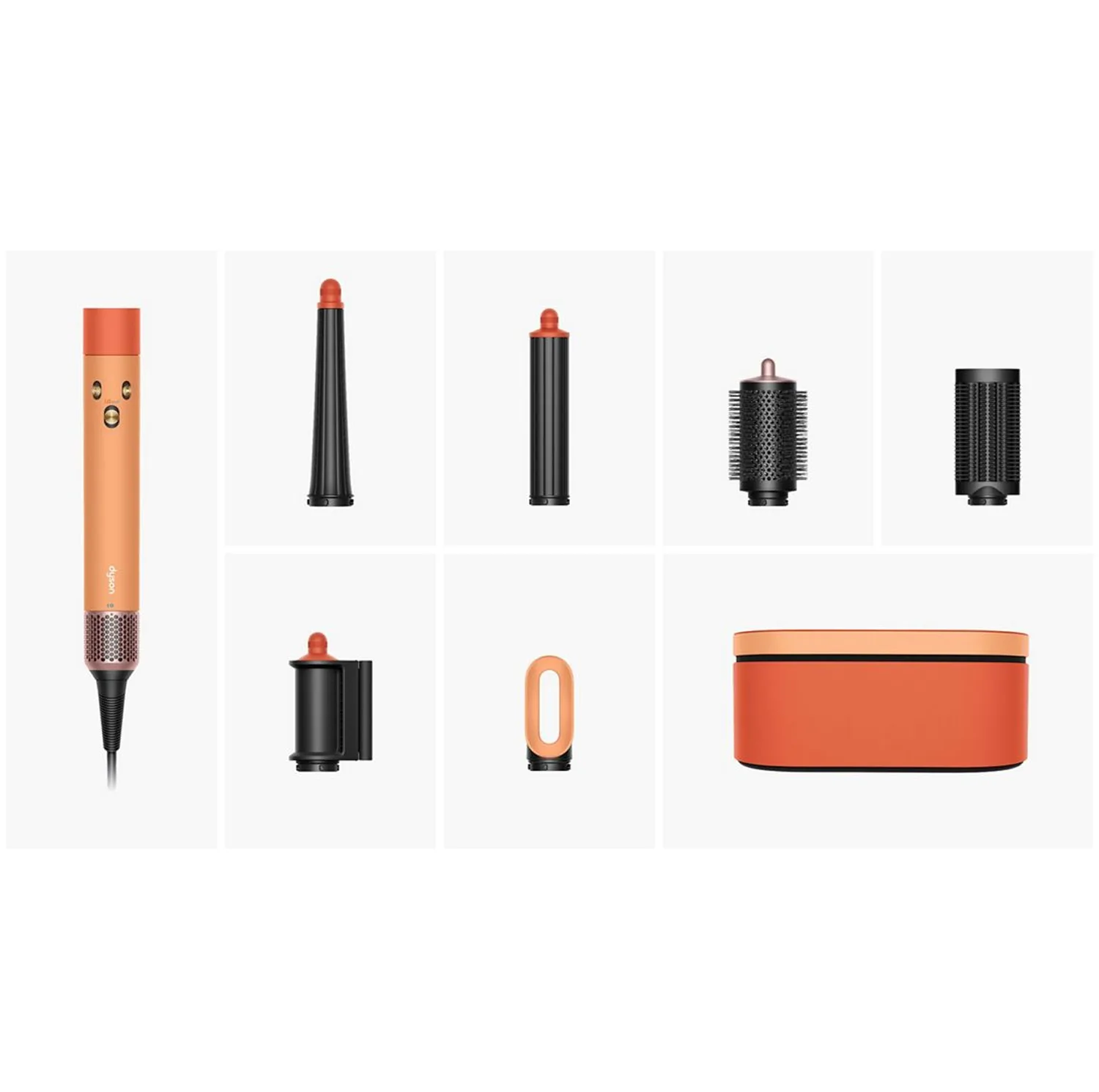 سشوار برسدار حالتدهنده 1300 وات دایسون مدل Airwrap id HS08 Straight+Wavy، موتور BLDC، وزن 630 گرم، دارای سری شانهدار، سری برسدار گرد پهن، کیف نگهدارنده، خشککن ملایم، متمرکزکننده باریک، متمرکزکننده پهن با ویژگی فرکنندگی، صافکنندگی، حجمدهندگی