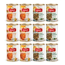 کنسرو خورشت قیمه و سیب زمینی با سویا و کنسرو خورشت قورمه سبزی با سویا شهدین – 370 گرم بسته 12 عددی