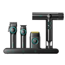 ست ماشین اصلاح مو، صورت و سشوار وی جی ار مدل Stepless Pro مجموعه 4 عددی با قابلیت تنظیم سرعت بی‌پله، نمایشگر دیجیتال، تیغه‌های ضد التهاب و شارژ سریع، بدنه فلزی مقاوم و طراحی ارگونومیک همراه شانه و استند شارژ