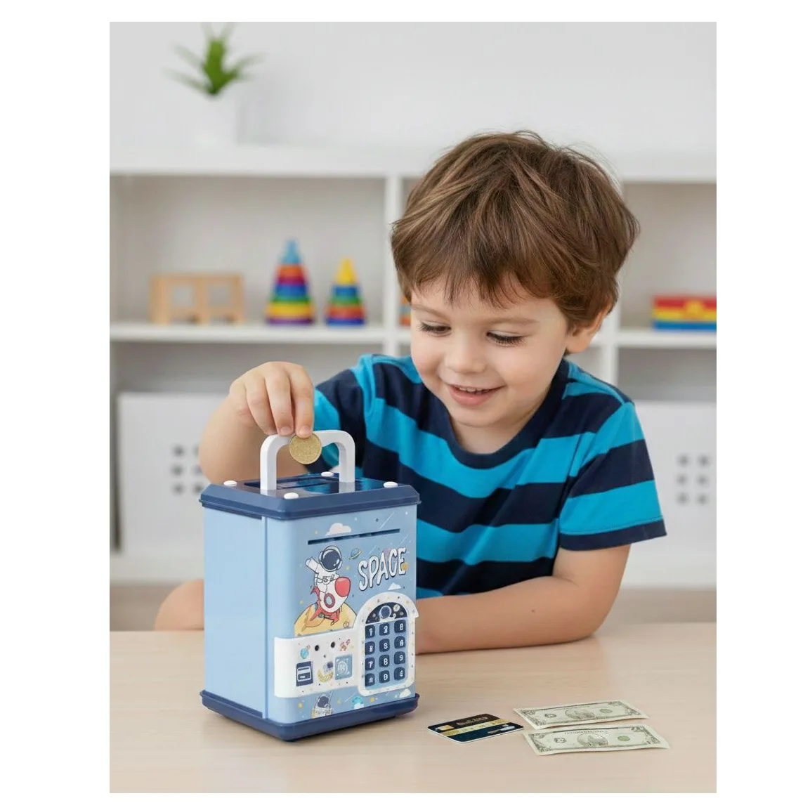 اسباب بازی مدل قلک رمز دار گاوصندوقی طرح فضا نورد اثر انگشتی کد SAFE.BOX-TRB