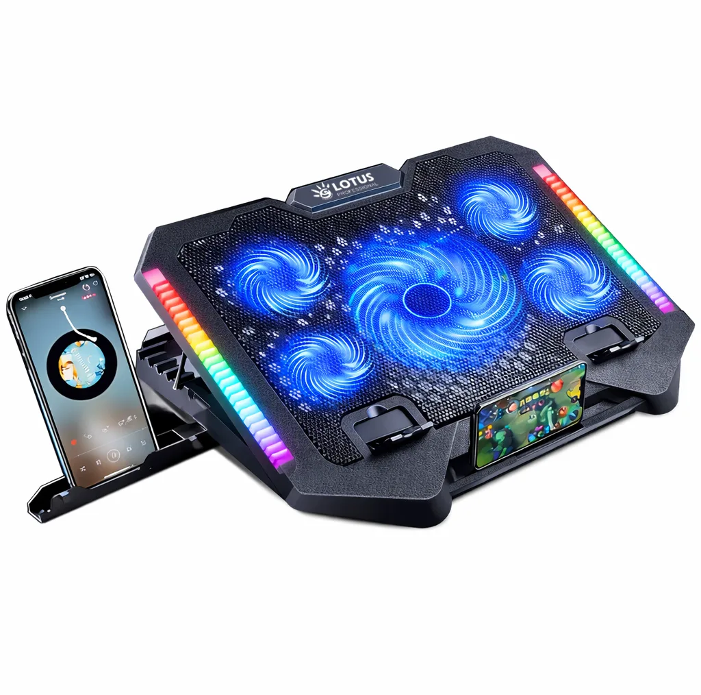 پایه خنک‌کننده لپ‌تاپ گیمینگ لوتوس مدل GF220-RGB دارای پنج عدد فن مناسب برای لپ تاپ‌های 14 تا 17 اینچی