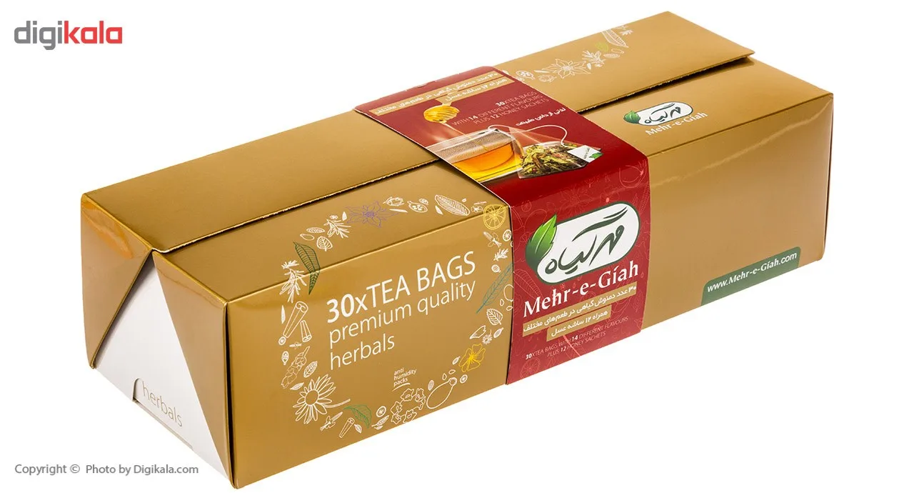 دمنوش گیاهی مهرگیاه بسته 30 عددی به همراه عسل بسته 12 عددی