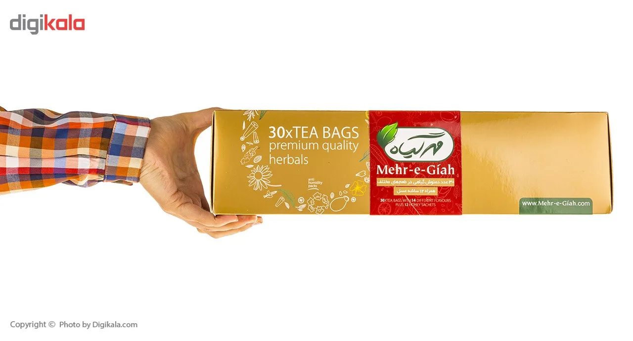 دمنوش گیاهی مهرگیاه بسته 30 عددی به همراه عسل بسته 12 عددی