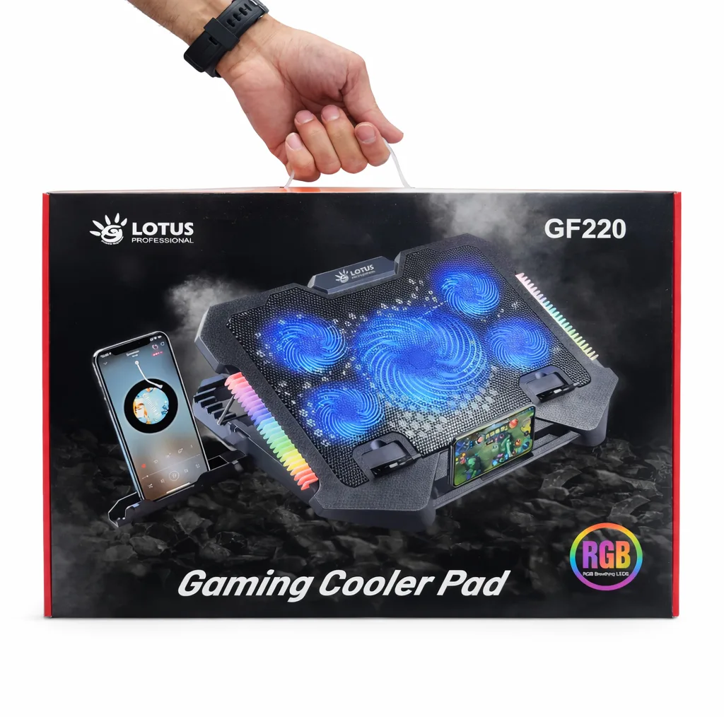 پایه خنک‌کننده لپ‌تاپ گیمینگ لوتوس مدل GF220-RGB دارای پنج عدد فن مناسب برای لپ تاپ‌های 14 تا 17 اینچی