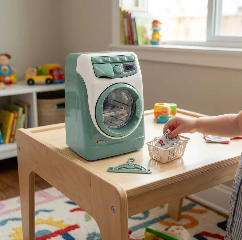 اسباب بازی ناب سل مدل ماشین لباسشویی چراغدار موزیکال کد WASHING MACHINE NAAB001 به همراه چوب لباسی و سبد لباس