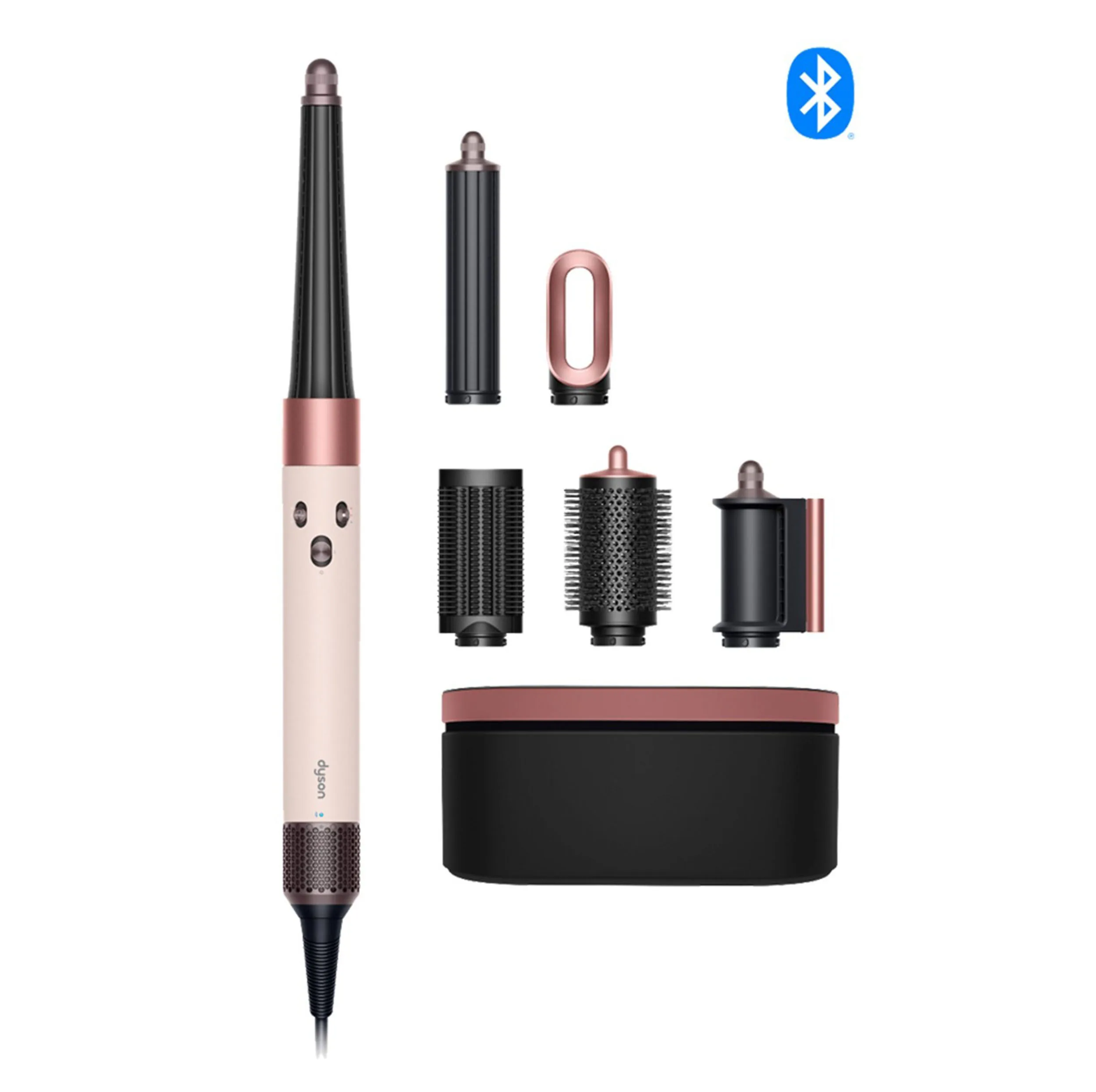 سشوار برسدار حالتدهنده 1300 وات دایسون مدل Airwrap id HS08 Straight+Wavy، موتور BLDC، وزن 630 گرم، دارای سری شانهدار، سری برسدار گرد پهن، کیف نگهدارنده، خشککن ملایم، متمرکزکننده باریک، متمرکزکننده پهن با ویژگی فرکنندگی، صافکنندگی، حجمدهندگی