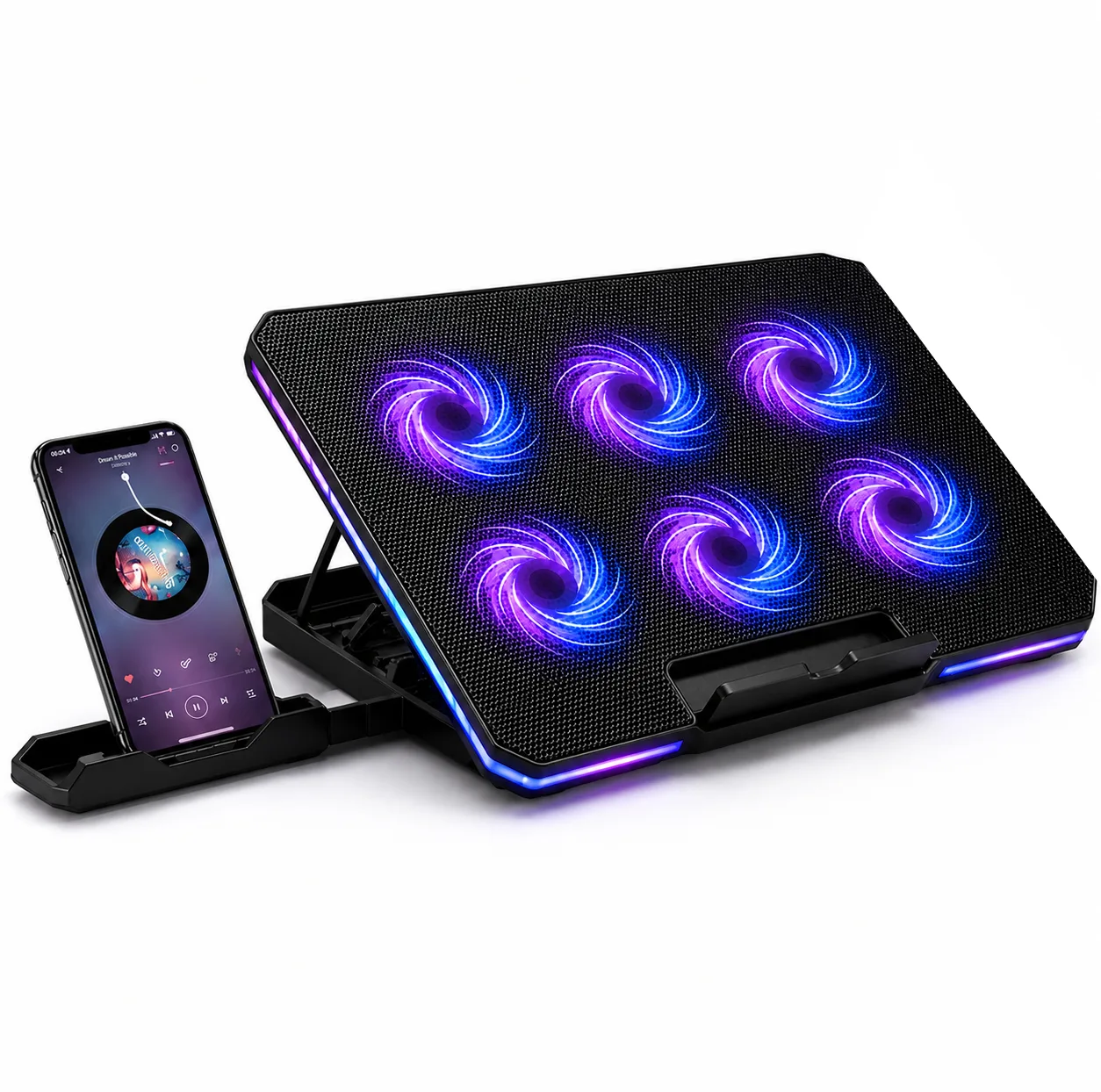 پایه خنککننده لپتاپ لوتوس مدل GF216-RGB-MOBILE STAND دارای شش عدد فن مناسب برای لپ تاپهای 14 تا 17 اینچی
