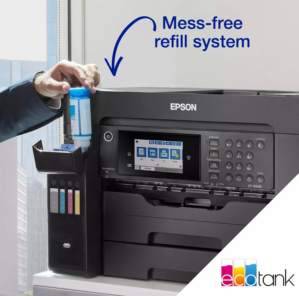 پرینتر جوهر افشان چندکاره رنگی اپسون مدل EcoTank L15150 با اتصال باسیم و بی‌سیم سایز چاپ A3+ با قابلیت چاپ دو رو