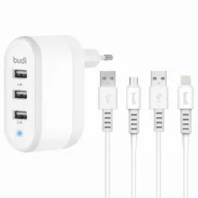 شارژر دیواری 12 وات سه پورت بودی مدل M8J312EM به همراه کابل تبدیل USB-A به Micro-USB و USB-A  به لایتنینگ
