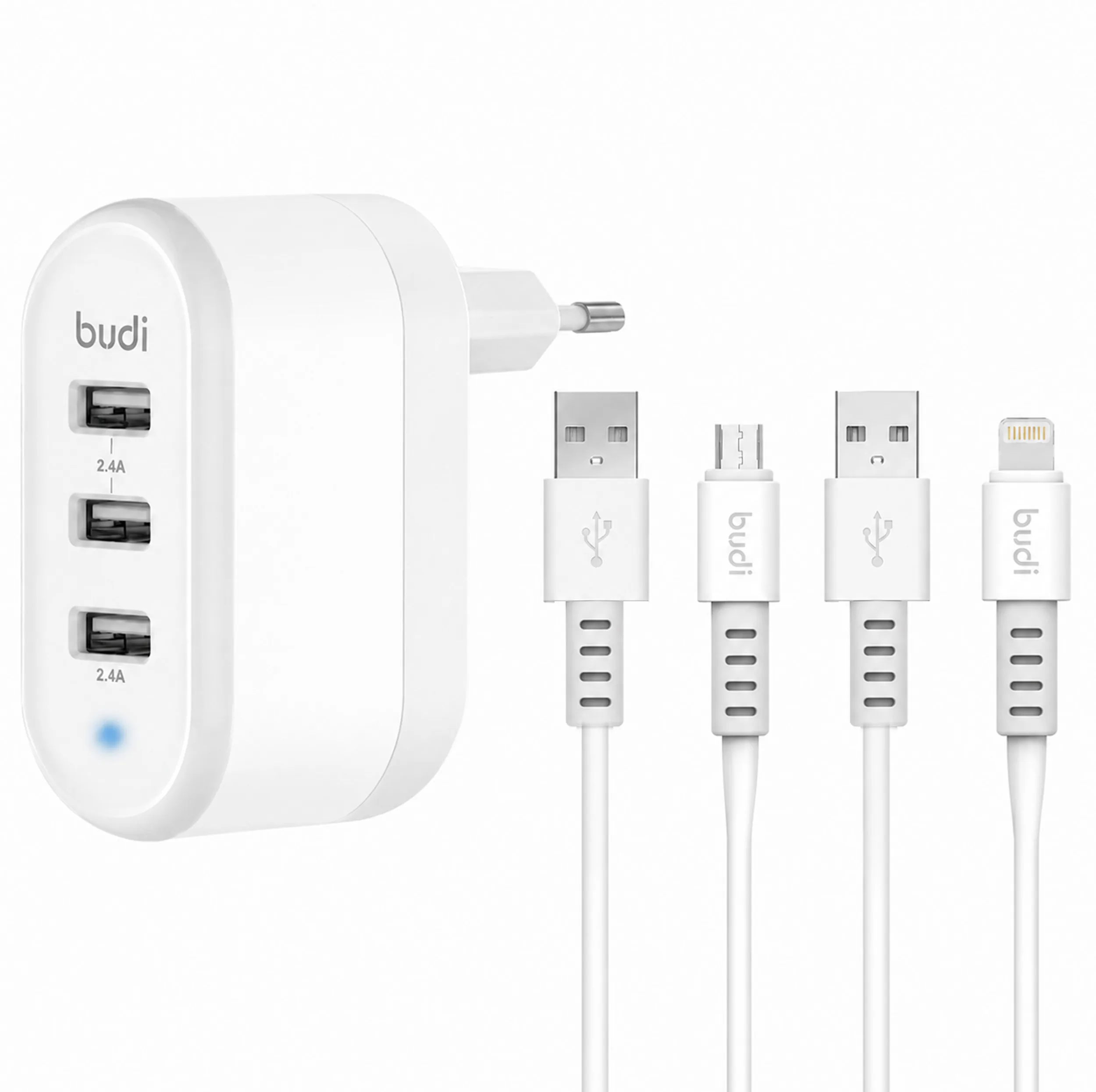 شارژر دیواری 12 وات سه پورت بودی مدل M8J312EM به همراه کابل تبدیل USB-A به Micro-USB و USB-A  به لایتنینگ