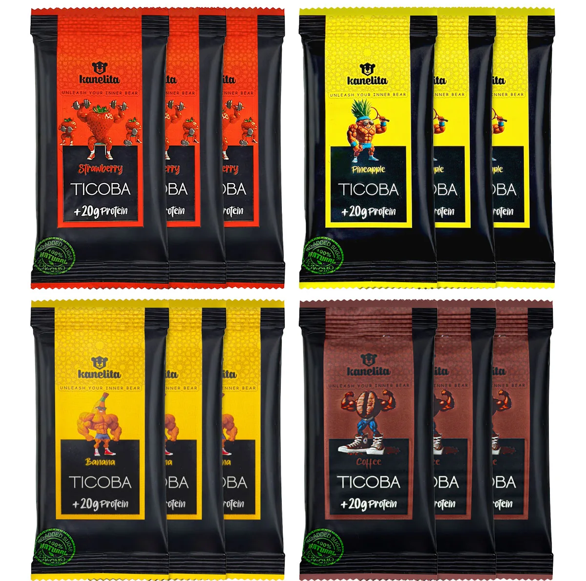 پروتئین بار موز و توت فرنگی و قهوه آناناس کنلیتا - 50 گرم بسته 12 عددی