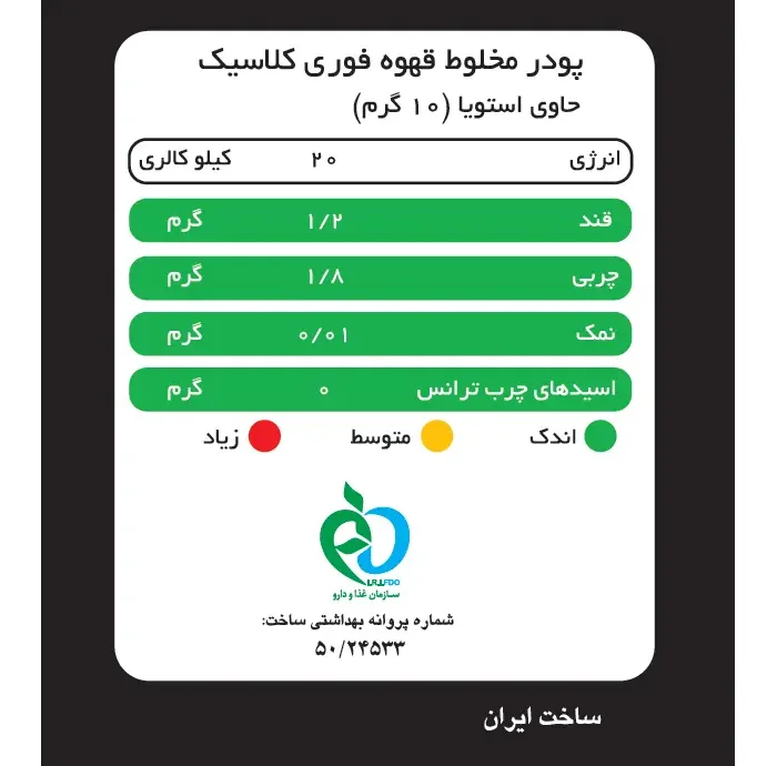 کافی میکس کلاسیک بدون شکر و شیرین شده استویا پپتینا بسته 20 عددی