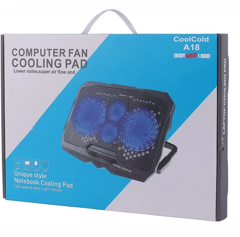 پایه خنککننده لپتاپ کول کلد مدل a18 دارای چهار عدد فن مناسب برای لپ تاپهای 14.1 تا 15.6 اینچی