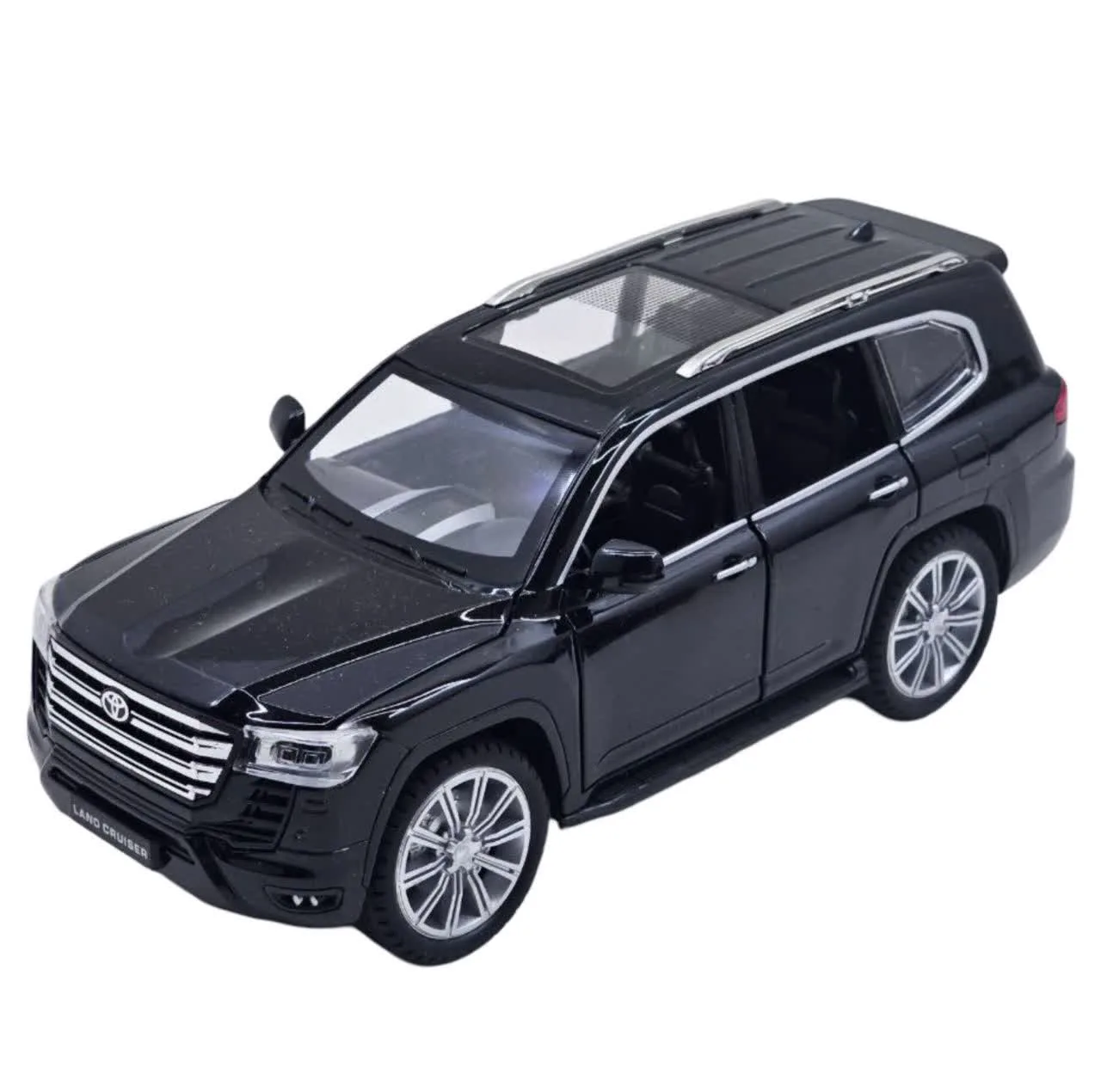 ماکت ماشین فلزی شاسیبلند تویوتا لندکروز ناب سل مدل land Cruiser VX با مقیاس 1:24، چراغ LED جلو و عقب، صدای موتور شبیهسازی شده، مکانیزم عقبکش، دربهای بازشونده از بغل و بالا، رینگ و تایر لاستیکی