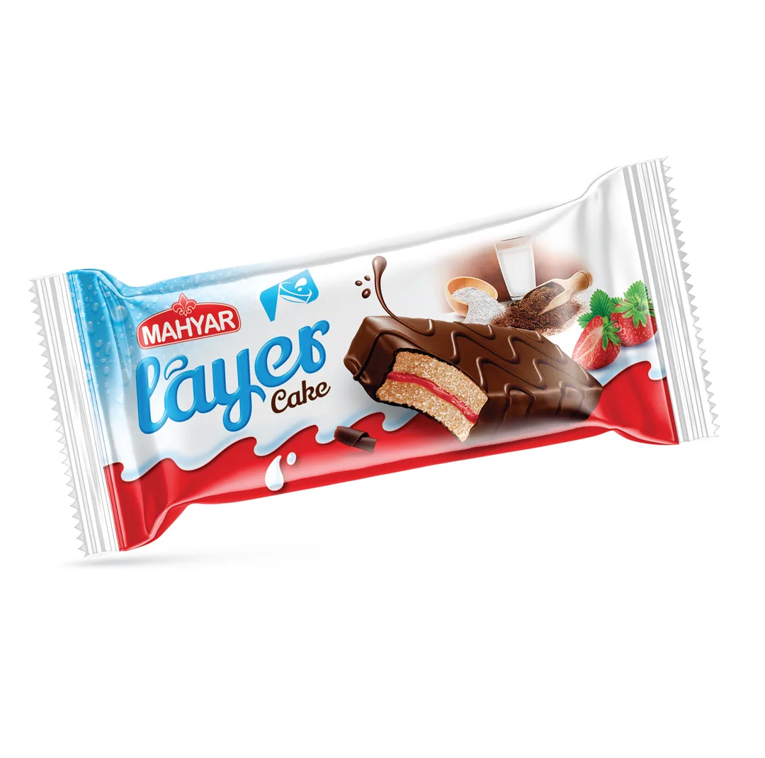 کیک دو لایه با کرم توت فرنگی و روکش کاکائو مهیار - 55 گرم بسته 24 عددی