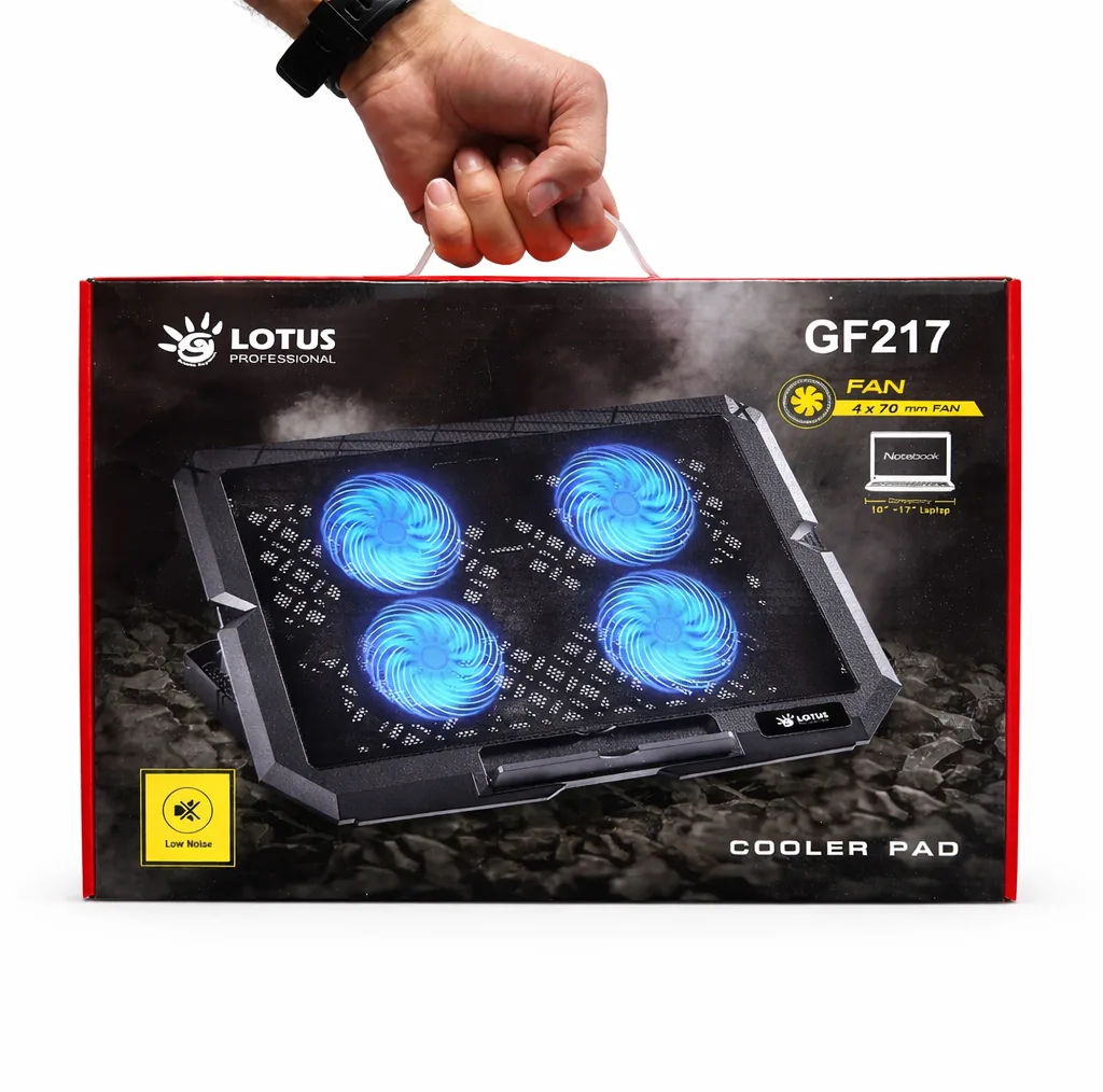 پایه خنک‌کننده لپ‌تاپ مدل GF217-BLUE LIGHT دارای چهار عدد فن مناسب برای لپ تاپ‌های 13 تا 15 اینچی