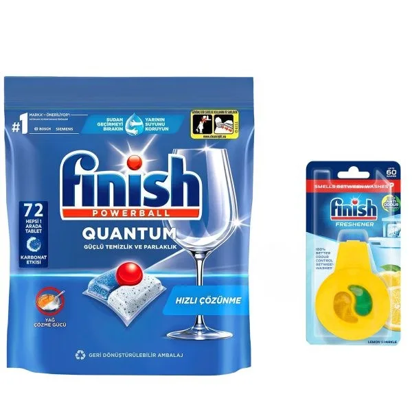 قرص ماشین ظرفشویی فینیش مدل Quantum Hepsi 1 Arada بسته 72 عددی به همراه بوگیر ظرفشویی فینیش مدل لیمو حجم 2 میلی لیتر مجموعه 2 عددی