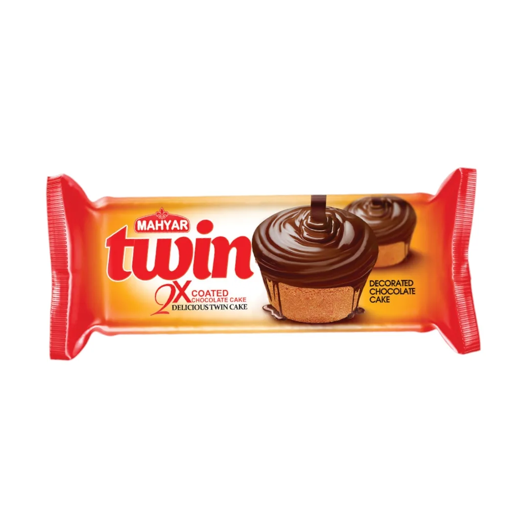 کیک دوقلو وانیلی با روکش شکلات مهیار - 70 گرم بسته 24 عددی