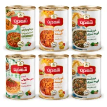کنسرو خورشت قورمه سبزی با سویا و خورشت قیمه با سویا و سس ماکارونی و مایه استانبولی شهدین - 370 گرم بسته 6 عددی