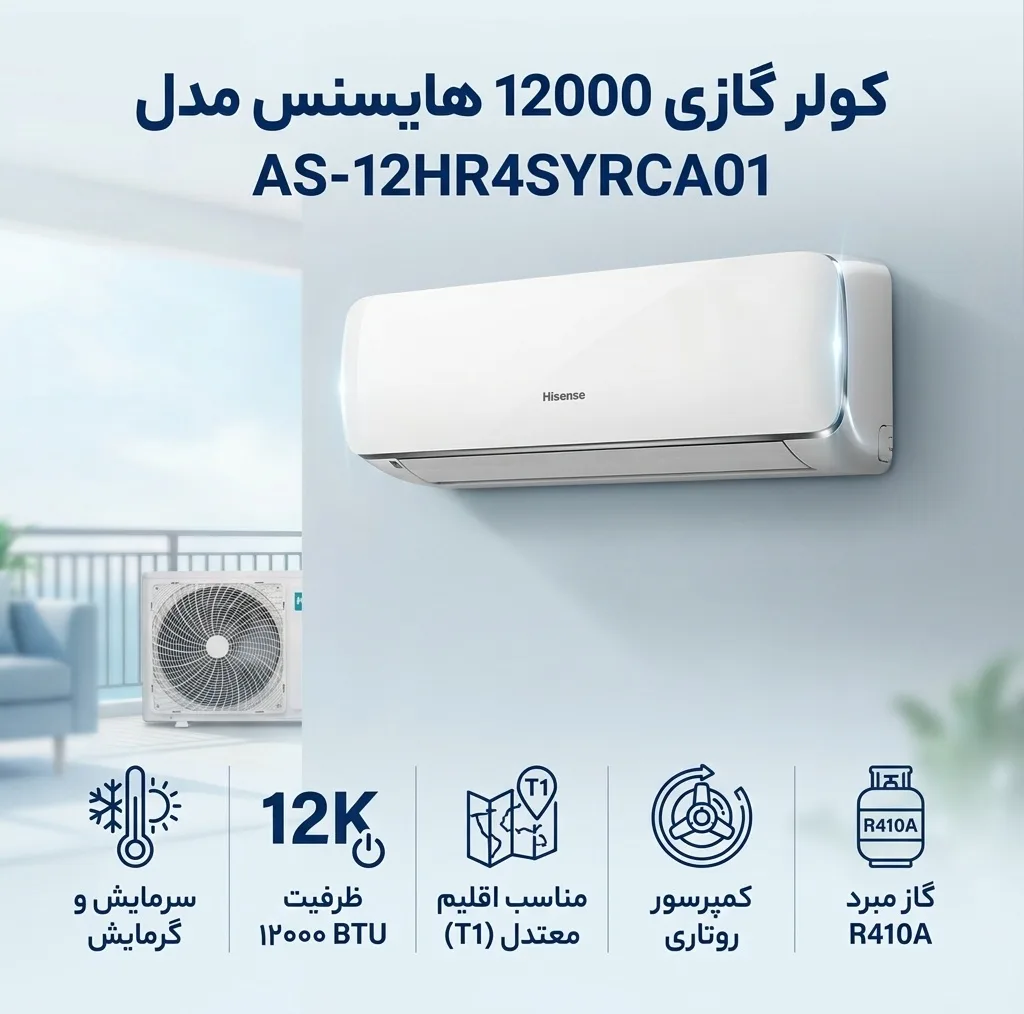 کولر گازی اسپلیت دیواری 12000 دور ثابت هایسنس مدل AS-12HR4SYRCA01