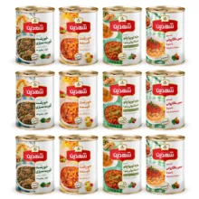 کنسرو خورشت قورمه سبزی با سویا و خورشت قیمه با سویا و سس ماکارونی و مایه استانبولی شهدین – 370 گرم بسته 12 عددی