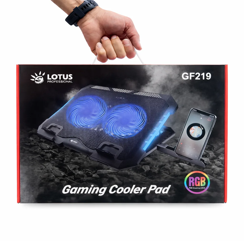 پایه خنک‌کننده لپ‌تاپ گیمینگ لوتوس مدل GF219-RGB دارای دو عدد فن مناسب برای لپ تاپ‌های 13 تا 16 اینچی