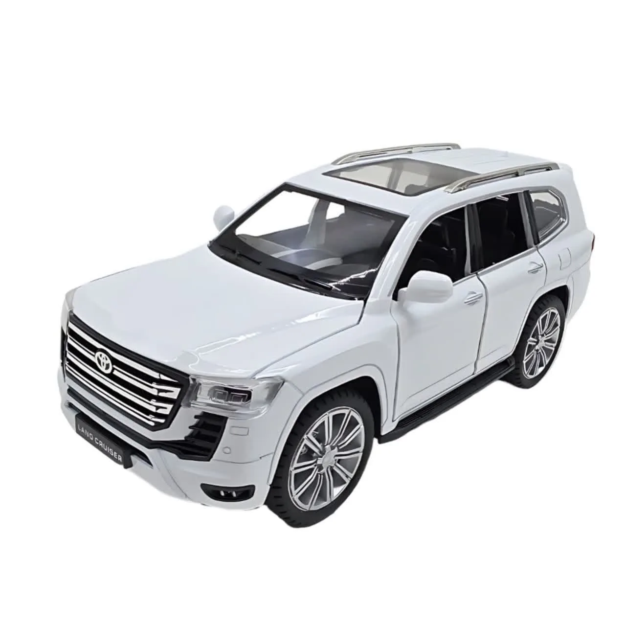ماکت ماشین فلزی شاسیبلند تویوتا لندکروز ناب سل مدل land Cruiser VX با مقیاس 1:24، چراغ LED جلو و عقب، صدای موتور شبیهسازی شده، مکانیزم عقبکش، دربهای بازشونده از بغل و بالا، رینگ و تایر لاستیکی