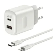 شارژر دیواری ۳۰ وات دو پورت بودی مدل AC306ETLW به همراه کابل تبدیل USB-C به لایتنینگ