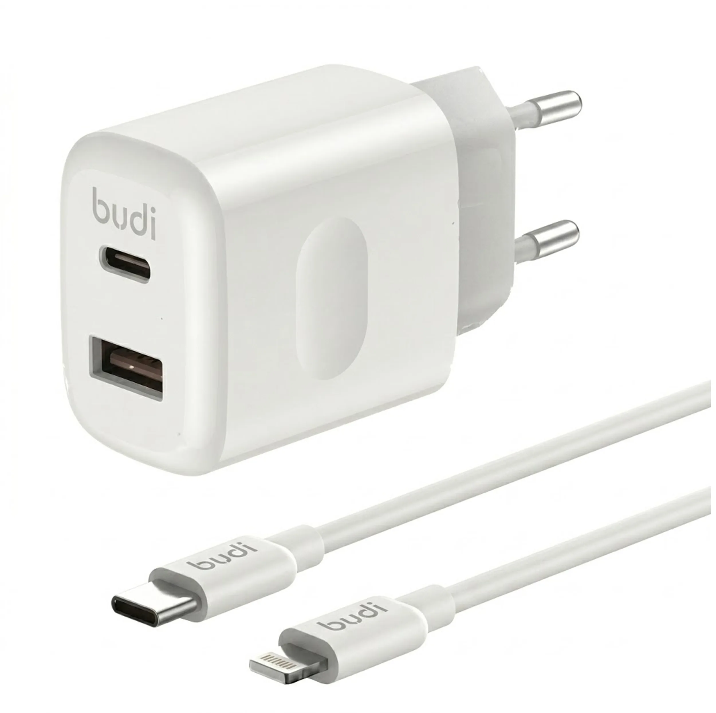 شارژر دیواری ۳۰ وات دو پورت بودی مدل AC306ETLW به همراه کابل تبدیل USB-C به لایتنینگ