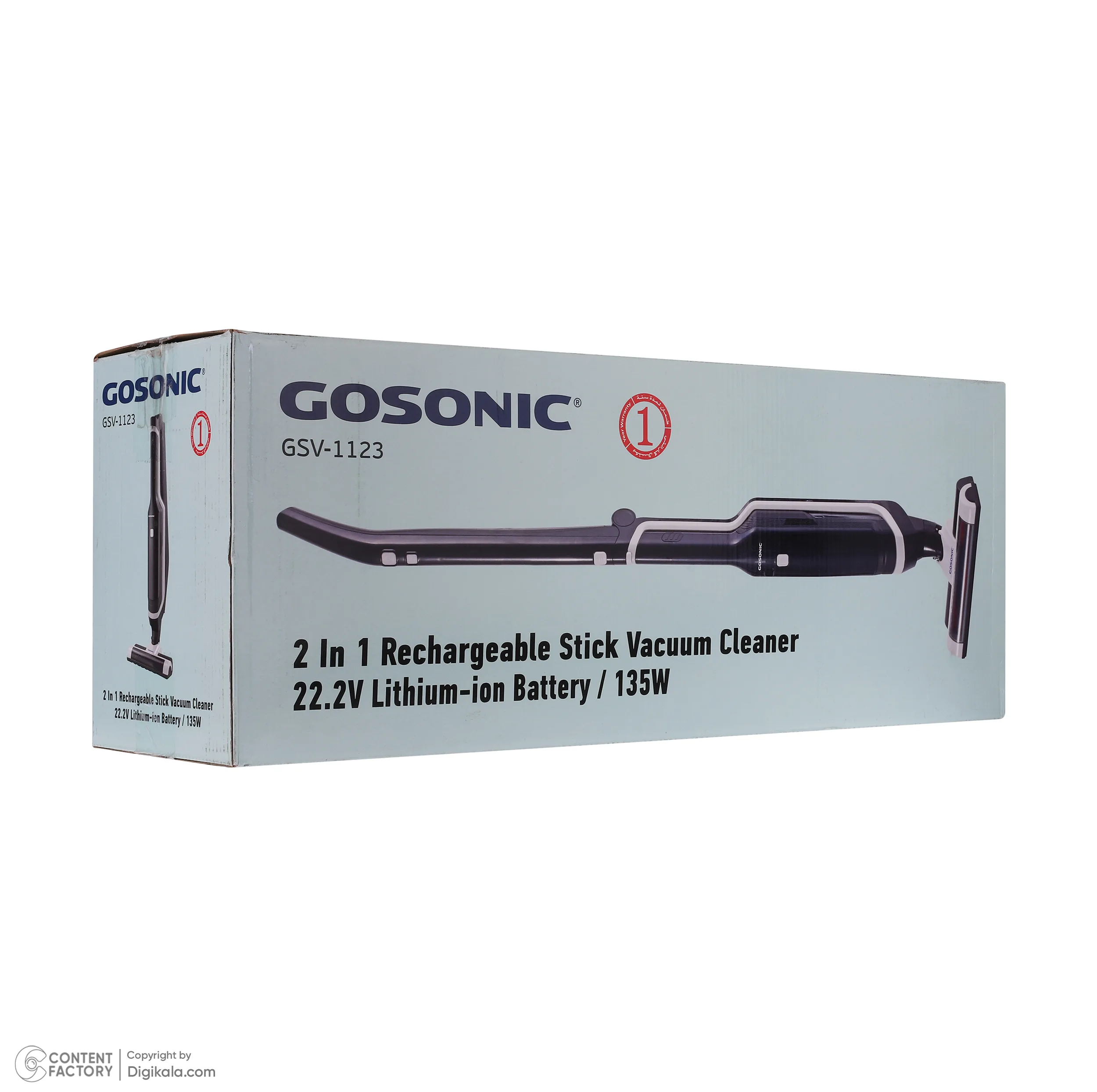 جارو شارژی عصایی گوسونیک مدل GSV-1123 با باتری لیتیوم-یونی 22.2 ولت و ظرفیت 2200 میلی‌آمپر‌ساعت، فیلتر HEPA، بدنه ترکیبی پلاستیک و فلز، وزن 2 کیلوگرم و طراحی سبک و مقاوم