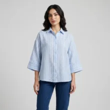 شومیز زنانه آستین سه ربع لینن مدل راه راه رنگی