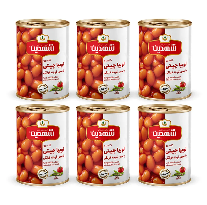 کنسرو لوبیا چیتی با سس گوجه فرنگی شهدین - 370 گرم بسته 6 عددی