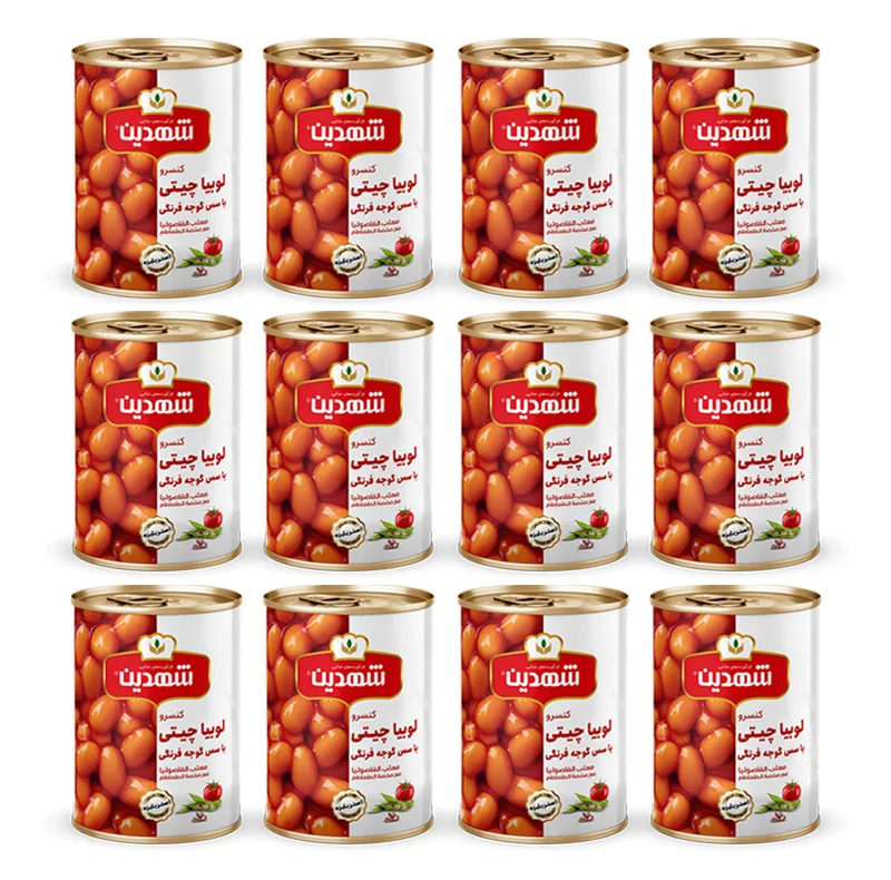 کنسرو لوبیا چیتی با سس گوجه فرنگی شهدین - 370 گرم بسته 12 عددی