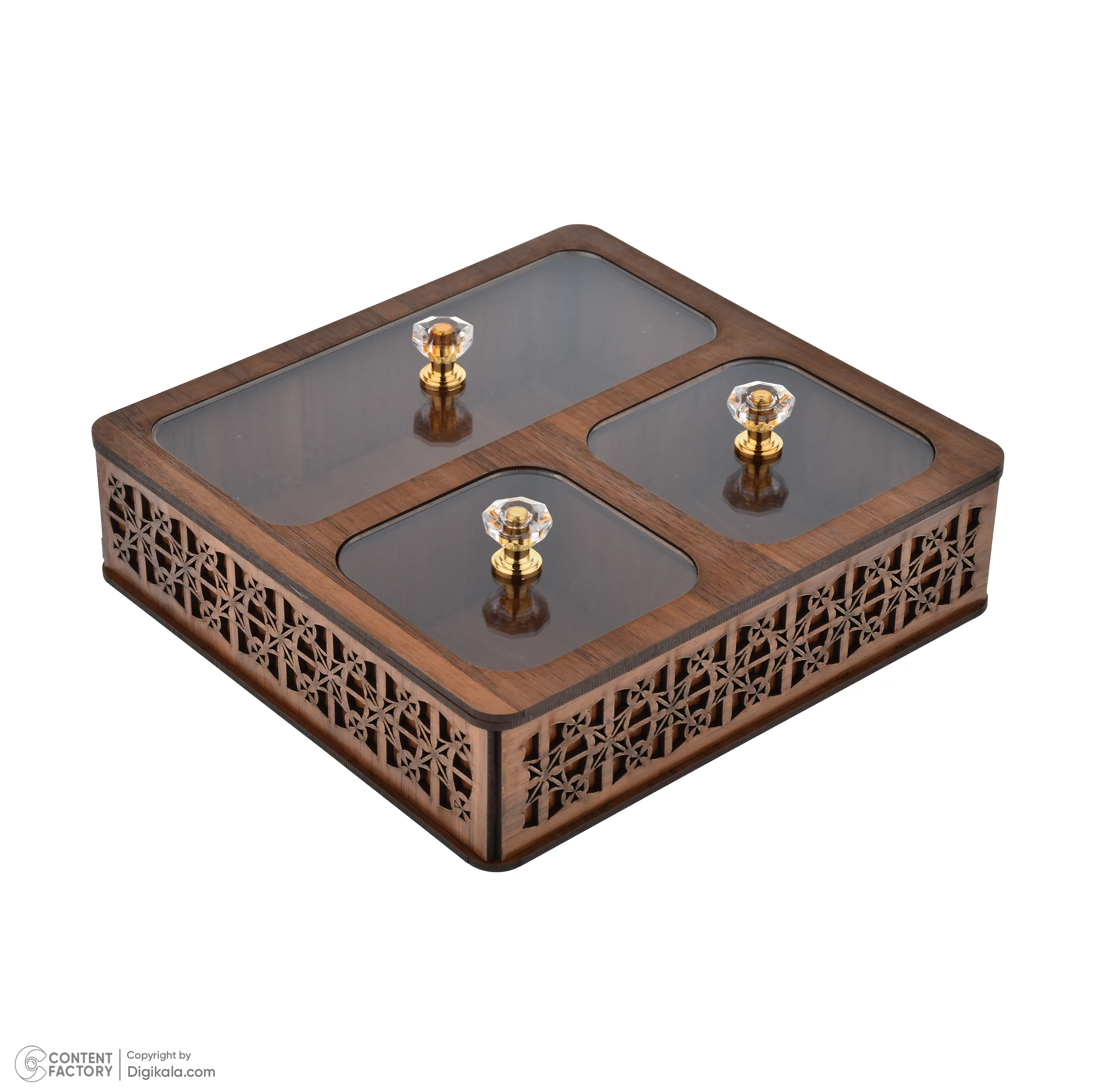 جعبه پذیرایی مدل یاس کد P301 شکلاتخوری مربع MDF، پلاستیک و پلکسی گلس با ابعاد 20x19x5.5 سانتیمتر و وزن 330 گرم، غیرقابل شستشو