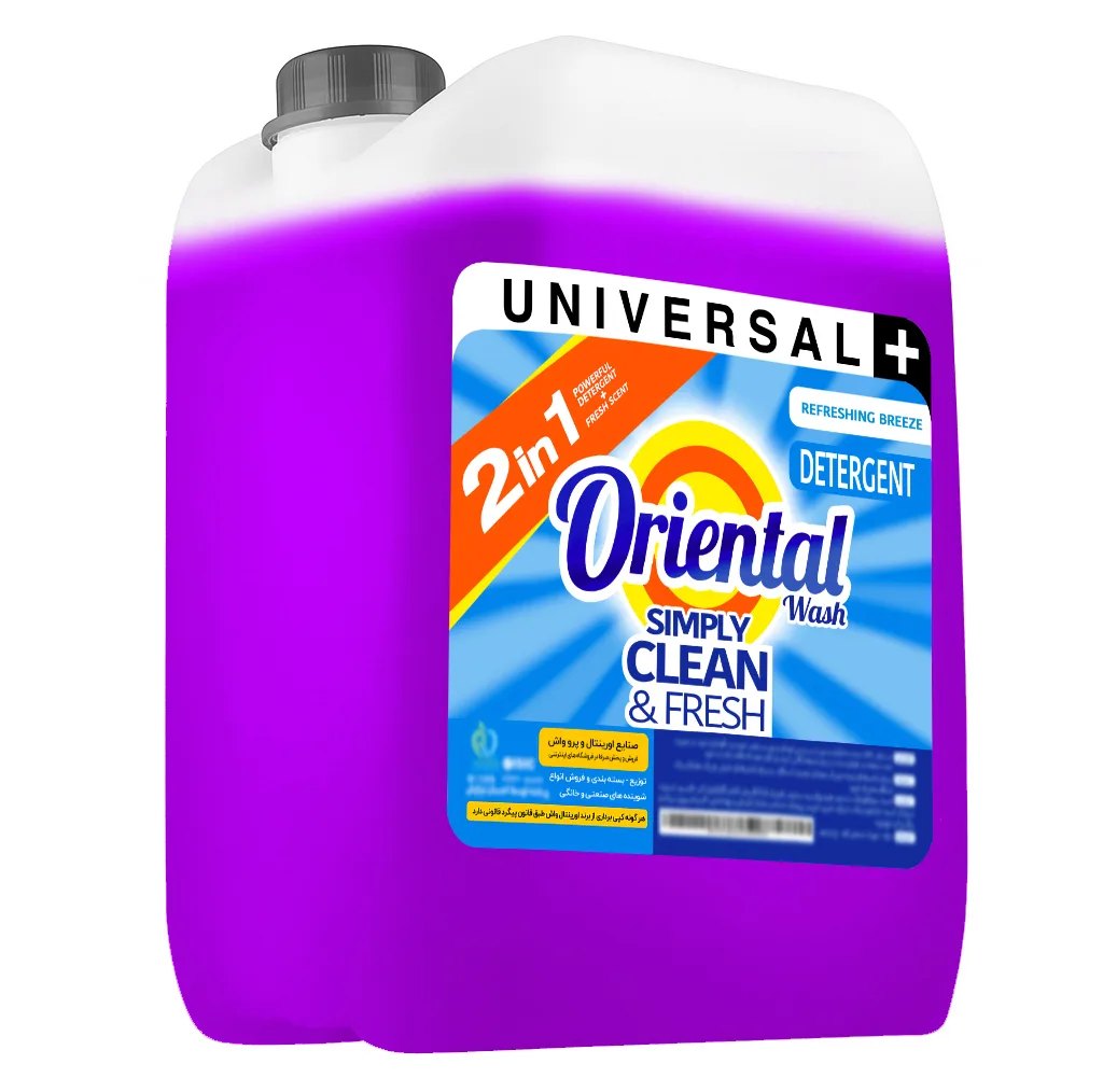 مایع لباسشویی ماشینی بنفش اورینتال مدل UNIVERSAL PLUS با رایحه لاوندر مناسب برای همه لباس ها حجم 10000 میلی لیتر