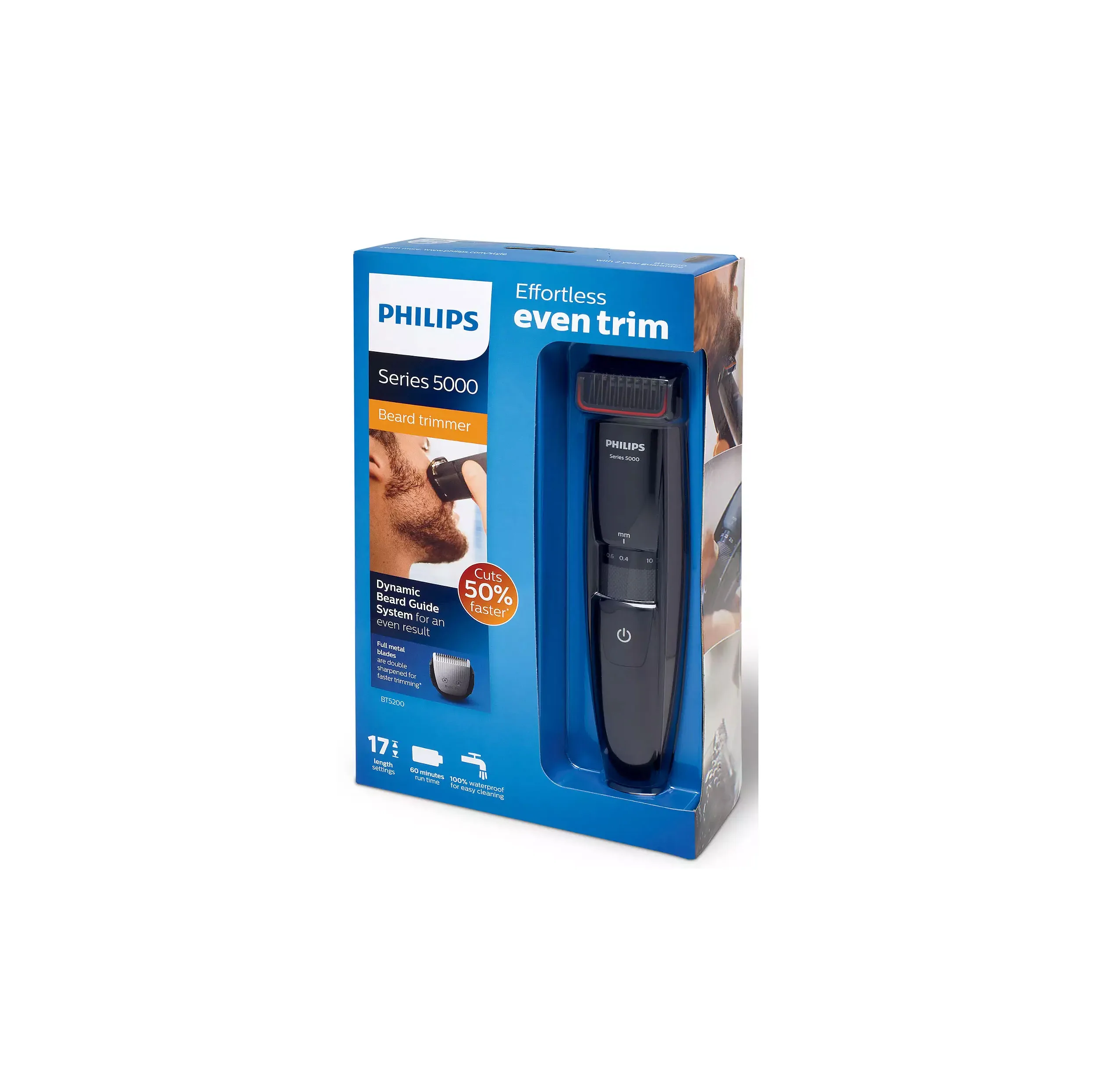 ماشین اصلاح موی صورت فیلیپس مدل BT5200/16 با تیغه‌های استیل ضدزنگ خود تیزشونده، طول اصلاح 0.4 تا 10 میلی‌متر، قابلیت استفاده با باتری و برق، شارژ USB یک ساعته و ضدآب با طراحی ارگونومیک و شانه قابل تنظیم دستی