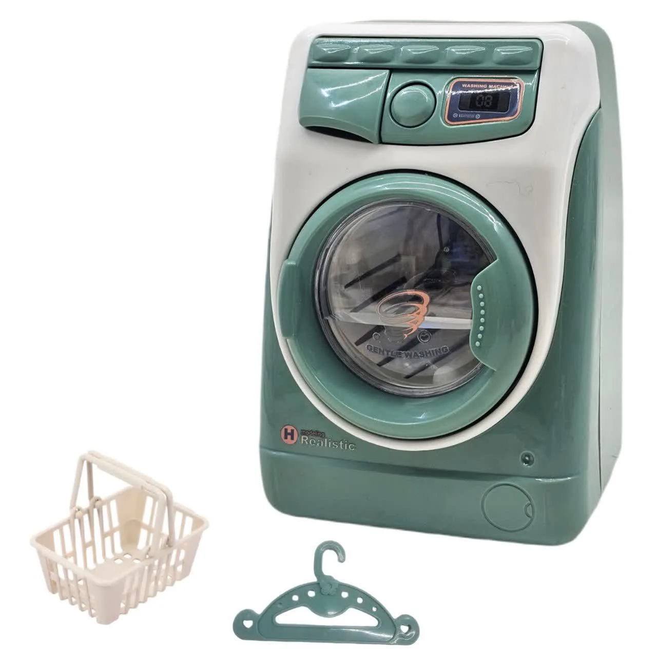 اسباب بازی ناب سل مدل ماشین لباسشویی چراغدار موزیکال کد WASHING MACHINE NAAB001 به همراه چوب لباسی و سبد لباس