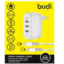 شارژر دیواری 12 وات سه پورت بودی مدل M8J312EM به همراه کابل تبدیل USB-A به Micro-USB و USB-A  به لایتنینگ