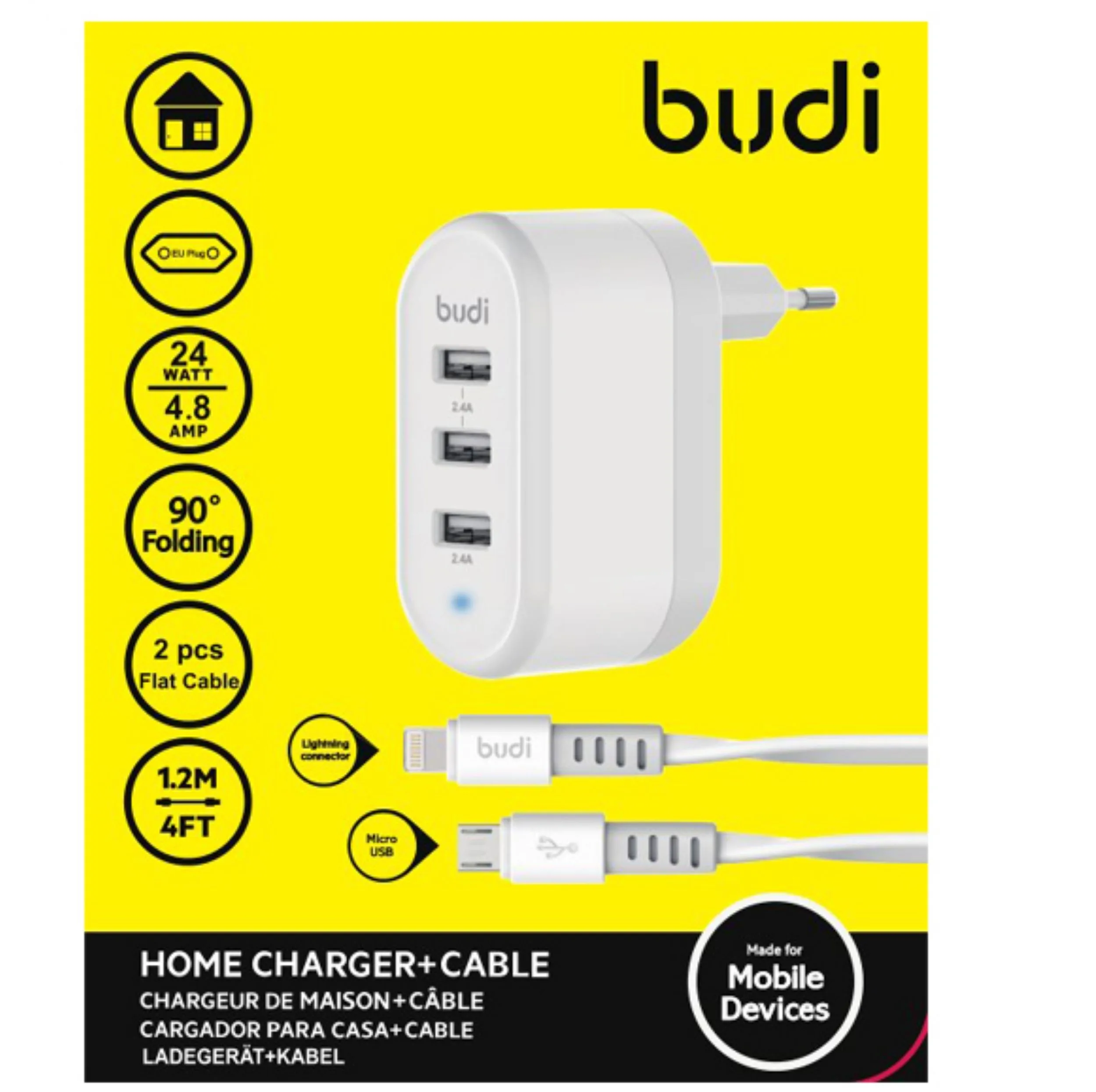 شارژر دیواری 12 وات سه پورت بودی مدل M8J312EM به همراه کابل تبدیل USB-A به Micro-USB و USB-A به لایتنینگ