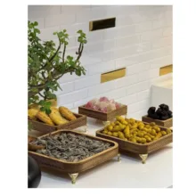سینی سرو چوبی مدل b2 مجموعه 5 عددی با پایه فلزی و قابلیت شست‌وشو دستی