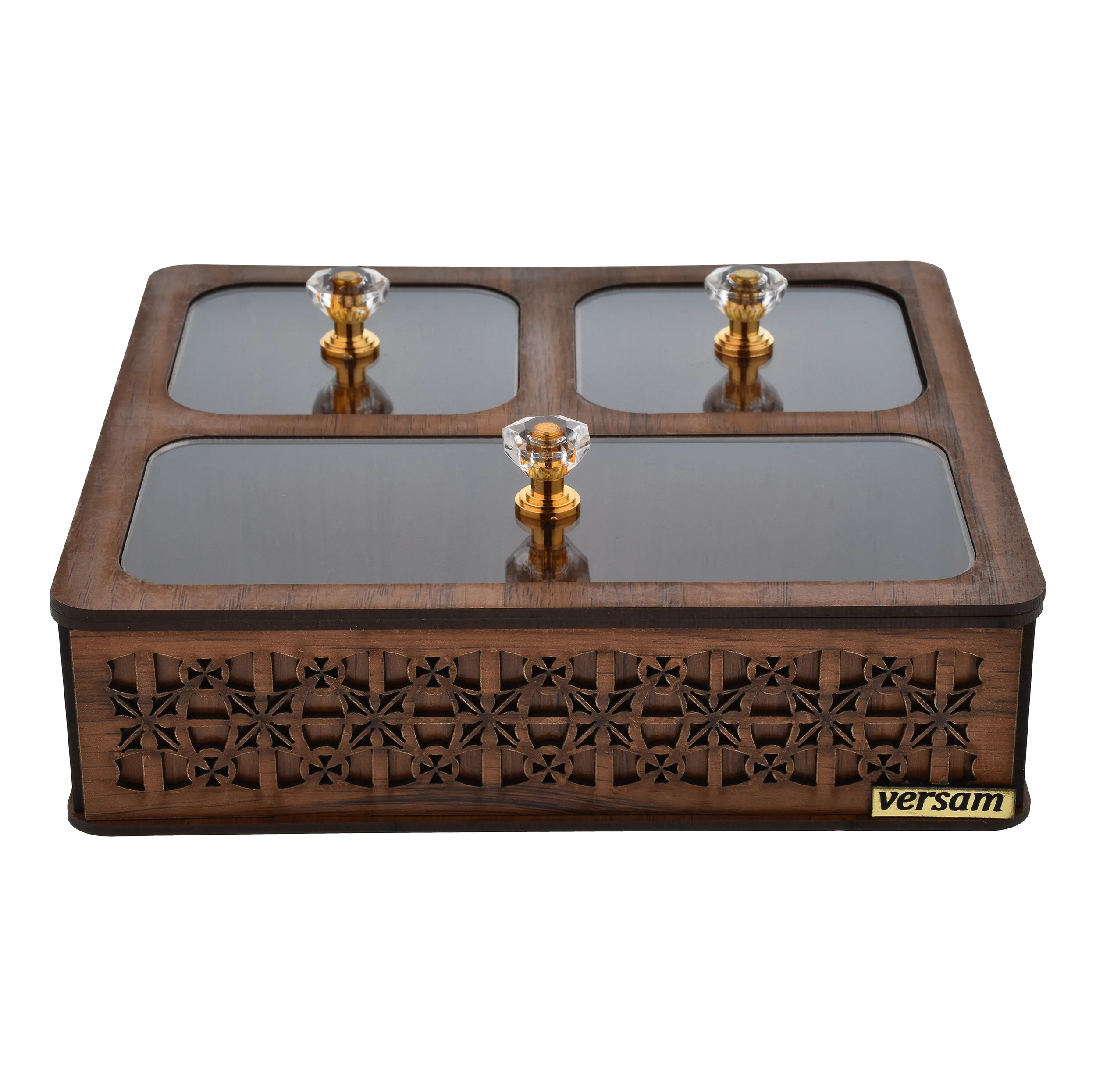 جعبه پذیرایی مدل یاس کد P301 شکلات‌خوری مربع MDF، پلاستیک و پلکسی گلس با ابعاد 20x19x5.5 سانتی‌متر و وزن 330 گرم، غیرقابل شستشو
