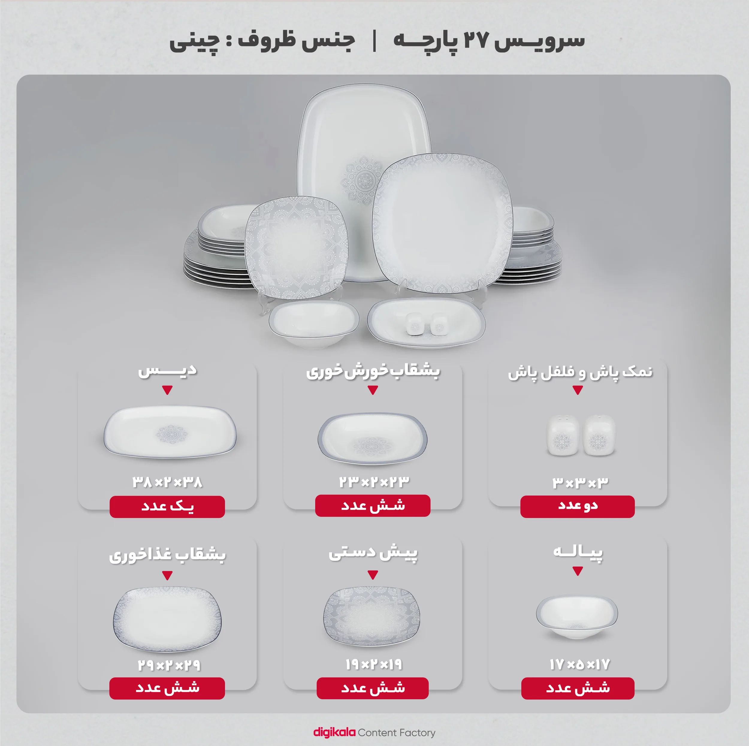 سرویس غذاخوری 27 پارچه چینی زرین ایران سری کواترو مدل ادلین درجه عالی
