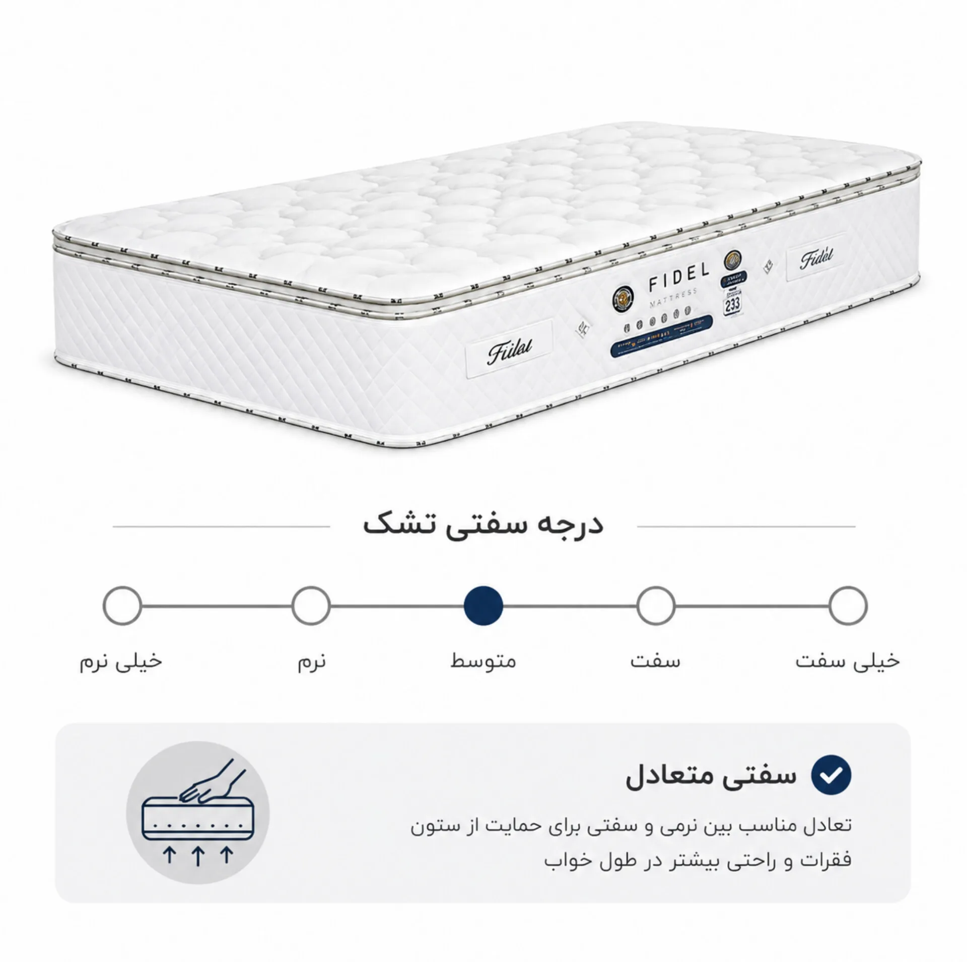 تشک طبی فنری فیدل مدل آسایش یک نفره سایز 90×200 سانتیمتر